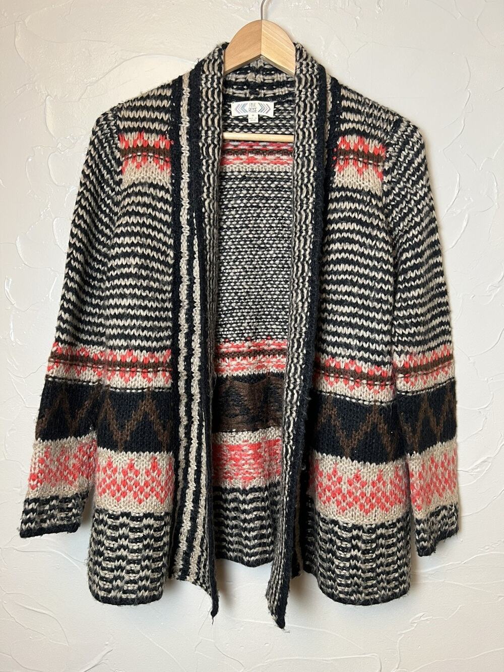 Pink Rose Chunky Boho Aztec Western Open Front Sweater Women’s Sz Medium